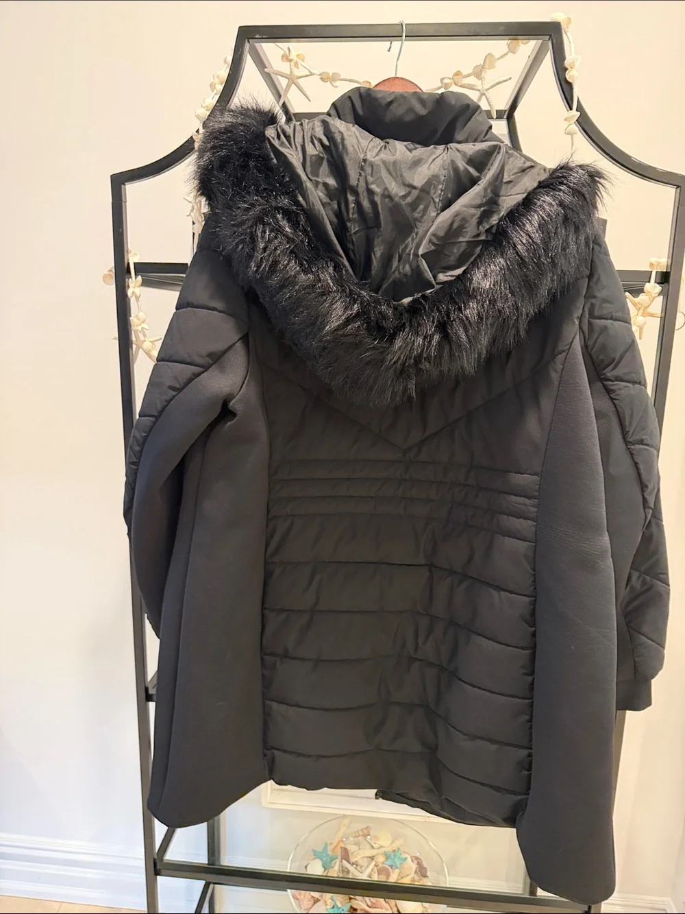 Michael Kors Black Quilted Puffer Coat with Faux Fur Hood Trim